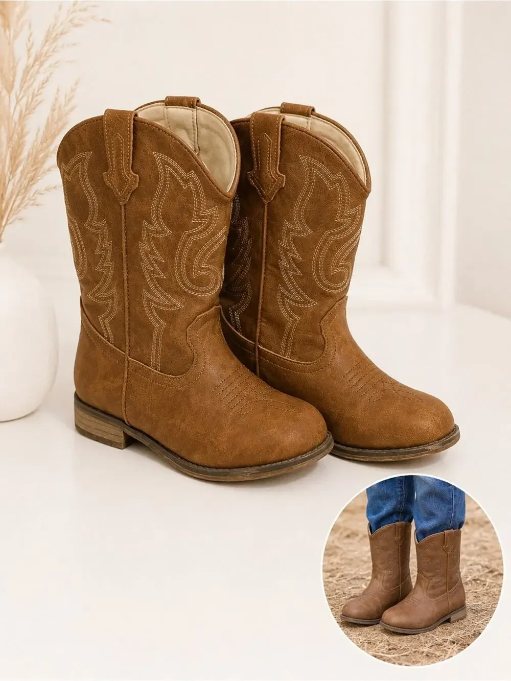 Big Girls Western Cowboy Boots Brown Pull-On Embroidered Mid-Calf 4 cute fashion